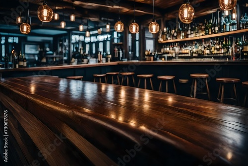 wooden surface looking out to bar scene