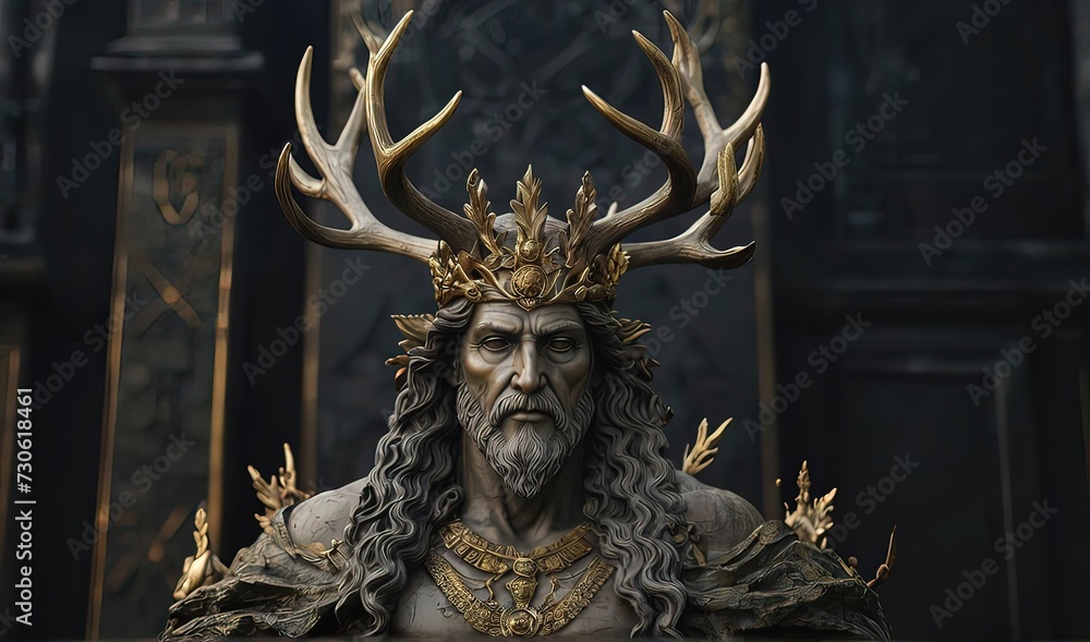 Statue of pagan god with deer antlers crown and golden details