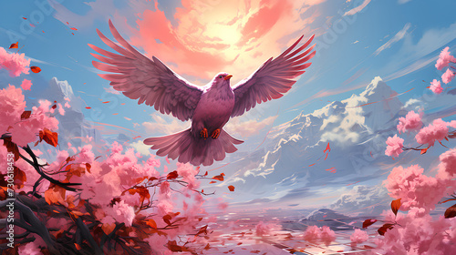 Illustration drawing of a white bird flying in the sky. The overall picture has a beautiful pink tone. It represents freedom that everyone desire  hopes  dreams and the spirit that yearns for freedom.