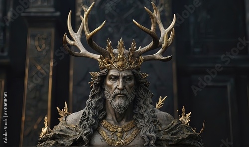 Statue of pagan god with deer antlers crown and golden details © Xabi