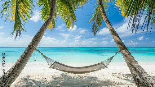 hammock strung between two palm trees on a white sandy beach, turquoise ocean in the background.  © Daunhijauxx