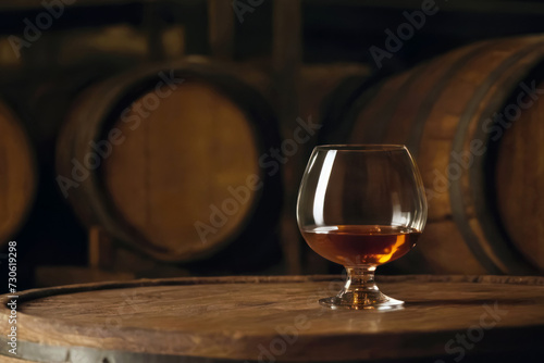 closeup of snifter glass with cognac on old wooden barrel in cellar