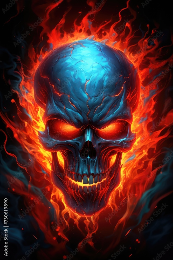 Evil menacing skull in red flame.