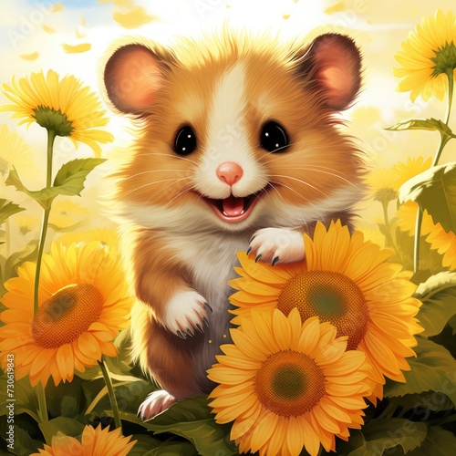 Cute fluffy hamster in a flower field.