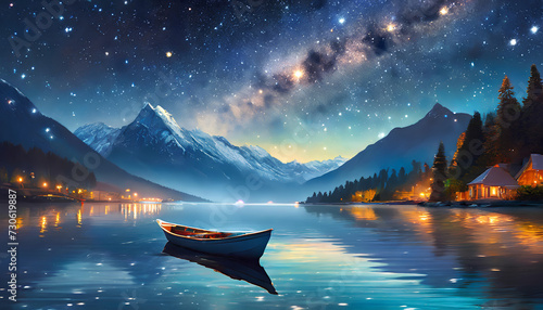 A boat in the lake and mountains with cosmic sky illustration