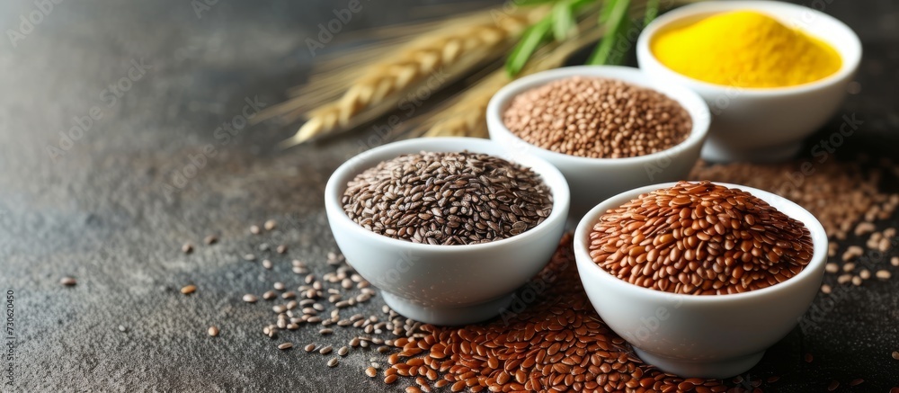 Healthy food with natural vitamins, dietary fiber, and omega acids: linseed in white glass bowls.