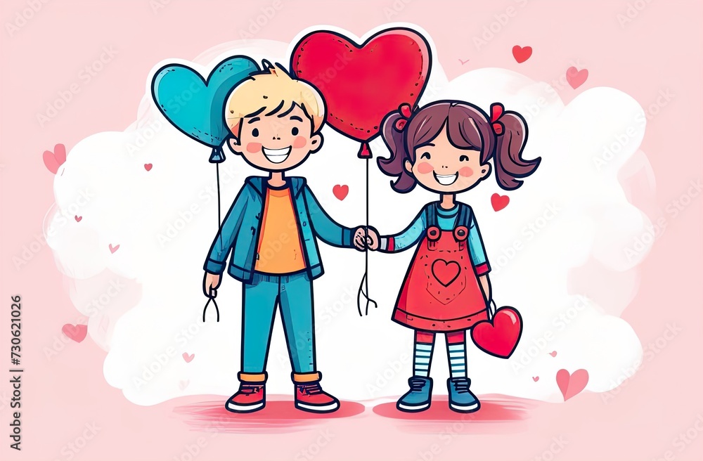two joyful, cute children are holding pink and red balloons in their hands and smiling happily. Valentine, Birthday card two joyful, cute children are holding pink and red balloons in their hands and smiling happily. Valentine, Birthday card