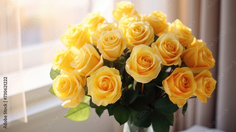 Obraz premium A bouquet of yellow roses. A luxurious gift for Valentine's Day and women's Day.