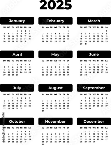 Vector vertical black calendar for 2025 year. Large bold font. Isolated. Template for planner