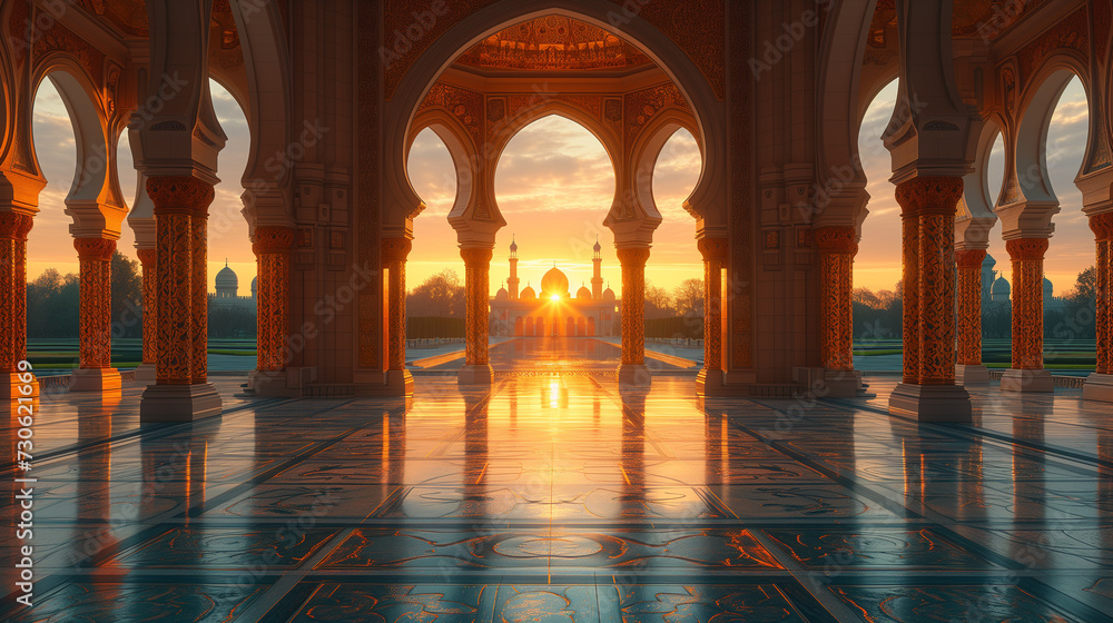 ramadan ornamental classic mosque at light shines sunset