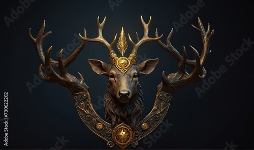 Pagan god. Deer head with antlers and golden details on dark background