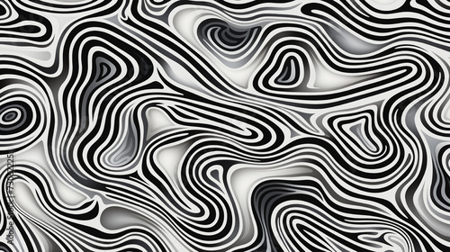 Psychedelic surrealism: black and white wavy pattern with chiaroscuro woodcuts and kinetic op art vibes.