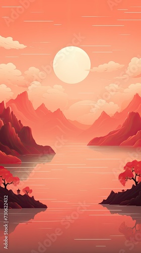 Sunset Landscape with Moon  Mountains  and Lake Chinese and Japanese Style. Beautiful Print for Home Decor  Interior Design  banner  Wallpaper  Background