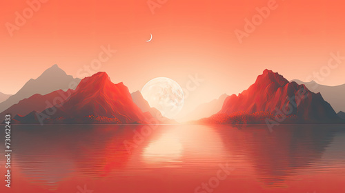 Sunset Landscape with Moon, Mountains, and Lake Chinese and Japanese Style. Beautiful Print for Home Decor, Interior Design, banner, Wallpaper, Background