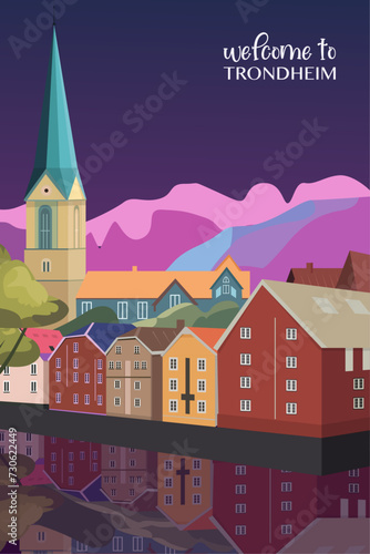 Trondheim retro city poster with abstract shapes of skyline, buildings at night. Vintage Norway town, port travel vector illustration