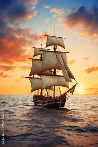 Small sailing ship in the open sea at sunset. Step aboard a 17th century sailing vessel and embark on a journey of legendary proportions. © Stavros