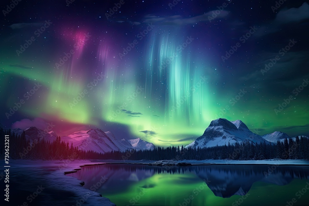 Colorful Abstract Northern Lights Dancing in the Sky. Fantasy Mountains Landscape with Aurora Borealis Background