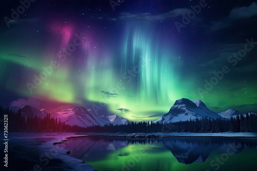 Colorful Abstract Northern Lights Dancing in the Sky. Fantasy Mountains Landscape with Aurora Borealis Background