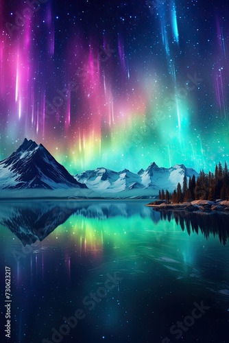 Colorful Abstract Northern Lights Dancing in the Sky. Fantasy Mountains Landscape with Aurora Borealis Background © DreamStock