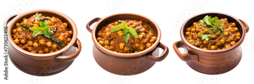 Set of a pot of Channa Masala Chickpeas in spices and herbs. From an angle, on a Transparent Background 