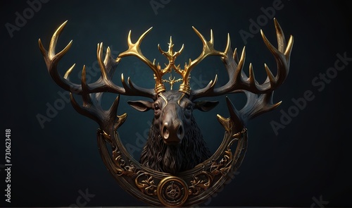 Pagan god moose head with antlers and golden details on dark background