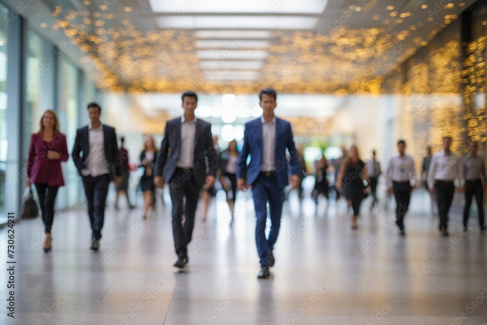 Blurred image of business people walking in the lobby of a modern office building Blurred image of business people walking in the lobby of a modern office building