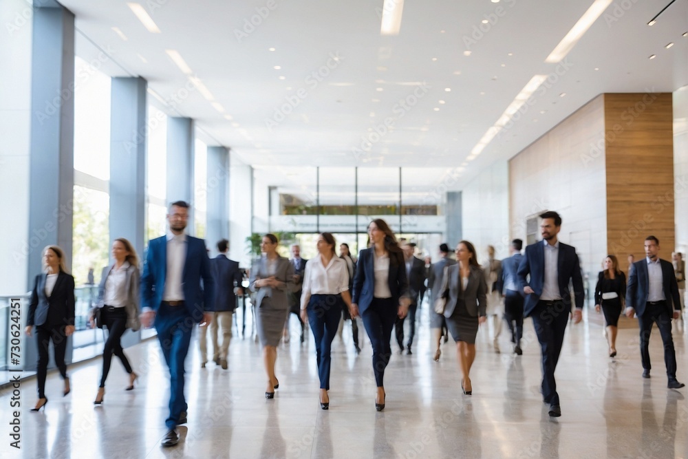 Blurred image of business people walking in the lobby of a modern office building