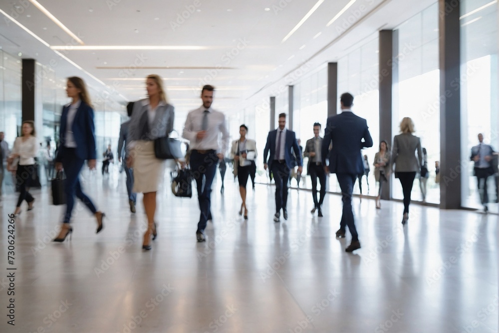 Blurred image of business people walking in the lobby of a modern office building Blurred image of business people walking in the lobby of a modern office building