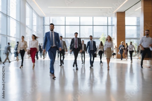 Blurred image of business people walking in the lobby of a modern office building