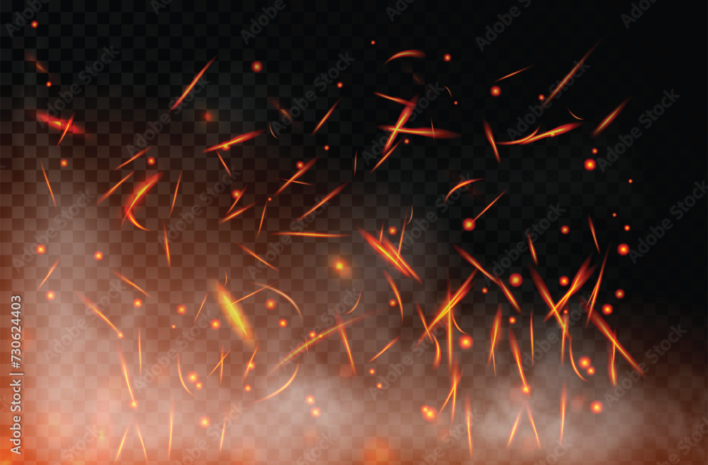  Realistic fire sparks background on a transparent background. burning hot sparks effect with embers burning cinder and smoke flying in the air. heat effect with glow and sparks from bonfire. 