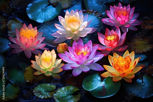 Beautiful Lotus and Water Lilies Floating in Pond  Colorful Illustration of Red  Yellow  White  and Purple Flowers for Wallpaper  Background
