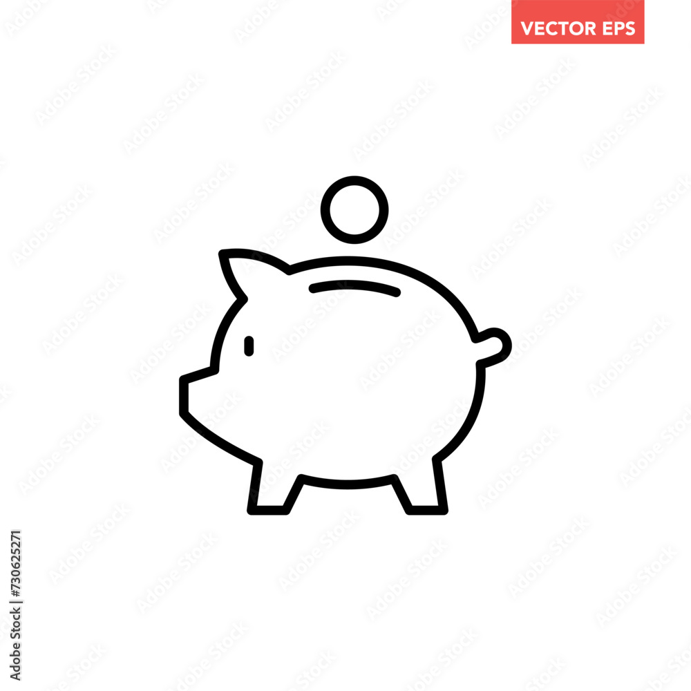 Black single piggy bank thin line icon, simple financial money saving flat design vector pictogram, infographic interface elements for app logo web button ui ux isolated on white background Black single piggy bank thin line icon, simple financial money saving flat design vector pictogram, infographic interface elements for app logo web button ui ux isolated on white background