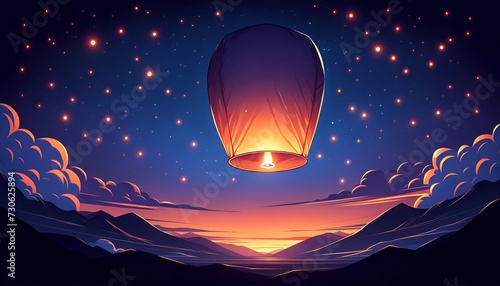Cartoon style illustration of a single large sky lantern.