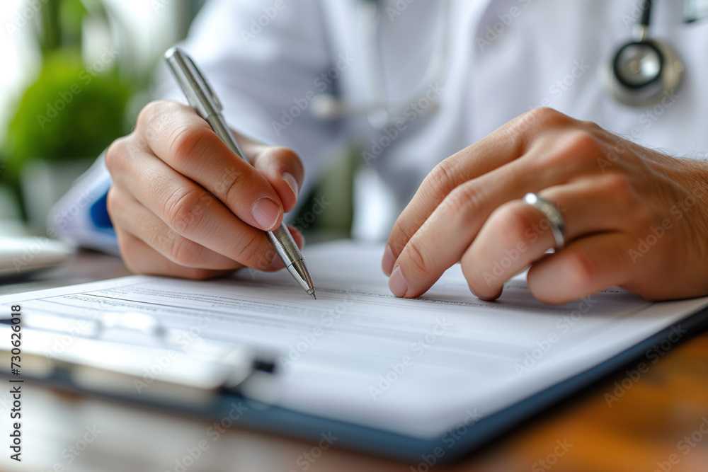 Close-up of a doctor hand hold a silver pen and showing pad in hospital. Doctor giving prescription to the patient and filling up medical form at a clipboard - obrazy, fototapety, plakaty 