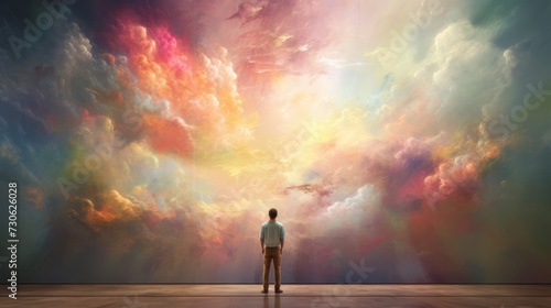 Contemplating faith: rear view of man admiring heavenly abstract painting in art gallery