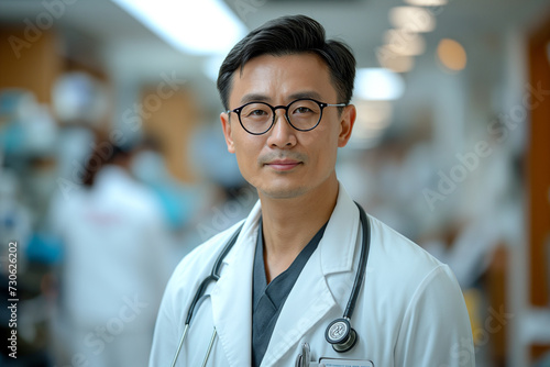 Portrait asian male doctor looking at camera smiling standing in front of doctor s office