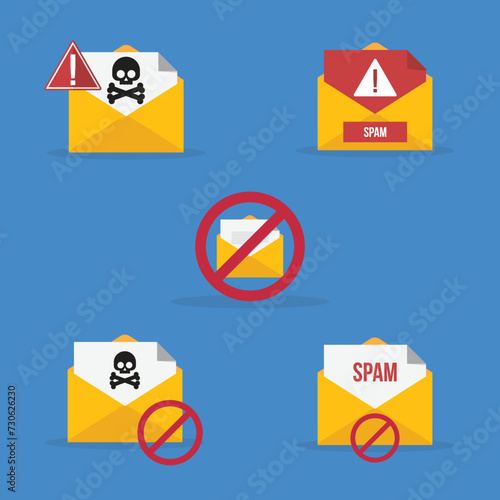 Spamming mailbox icon set. Email hacking and spam warning symbol. EPS10 Vector Illustration.	
