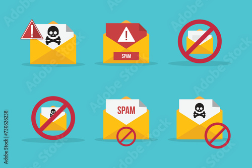Spamming mailbox icon set. Email hacking and spam warning symbol. EPS10 Vector Illustration.	
