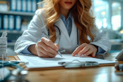 Close-up of a doctor hand hold a silver pen and showing pad in hospital. Doctor giving prescription to the patient and filling up medical form at a clipboard