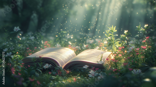 Magical Open Book in Enchanted Forest Glade