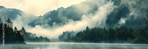 Lake panorama in a foggy morning with glaciers mountain and reflection