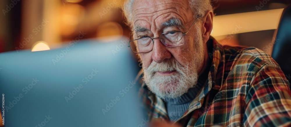 Curious older man fully engaged in exploring the digital world at an internet cafe, displaying the enthusiasm of seniors for technology. Curious older man fully engaged in exploring the digital world at an internet cafe, displaying the enthusiasm of seniors for technology.