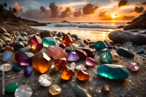 Multi colored gemstones and crystals at beach sunset
