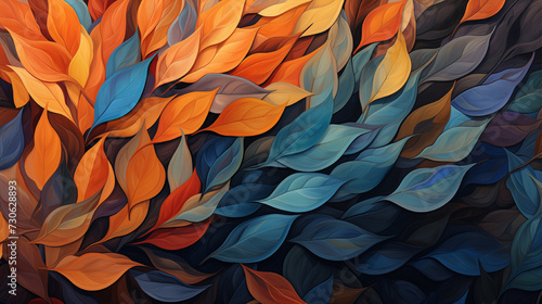 Vibrant abstract painting of orange, red, and blue leaves in a dreamy neo-mosaic style.