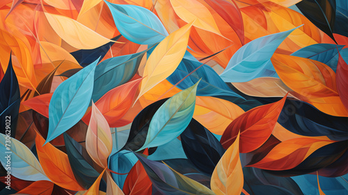 Vibrant abstract painting of orange  red  and blue leaves in a dreamy neo-mosaic style.