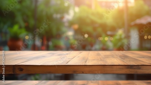 The empty wooden table top with blur background of outdoor cafe at the street. Exuberant image. generative ai