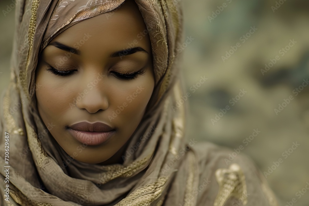 Serene woman in traditional scarf, portrait of elegance in gold tones, close-up with bokeh effect. AI Serene woman in traditional scarf, portrait of elegance in gold tones, close-up with bokeh effect. AI