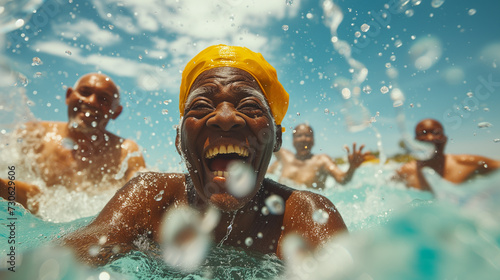 A cheerful elderly man with glasses shares a joyful moment while swimming with friends in a sunlit pool.