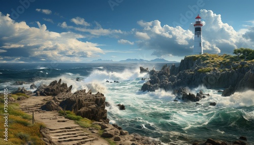 A small, isolated lighthouse on a rocky coast