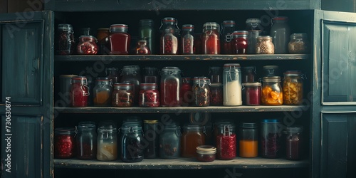 Rustic kitchen shelves filled with assorted jars of spices and preserves  home cooking essentials. cozy culinary background. AI